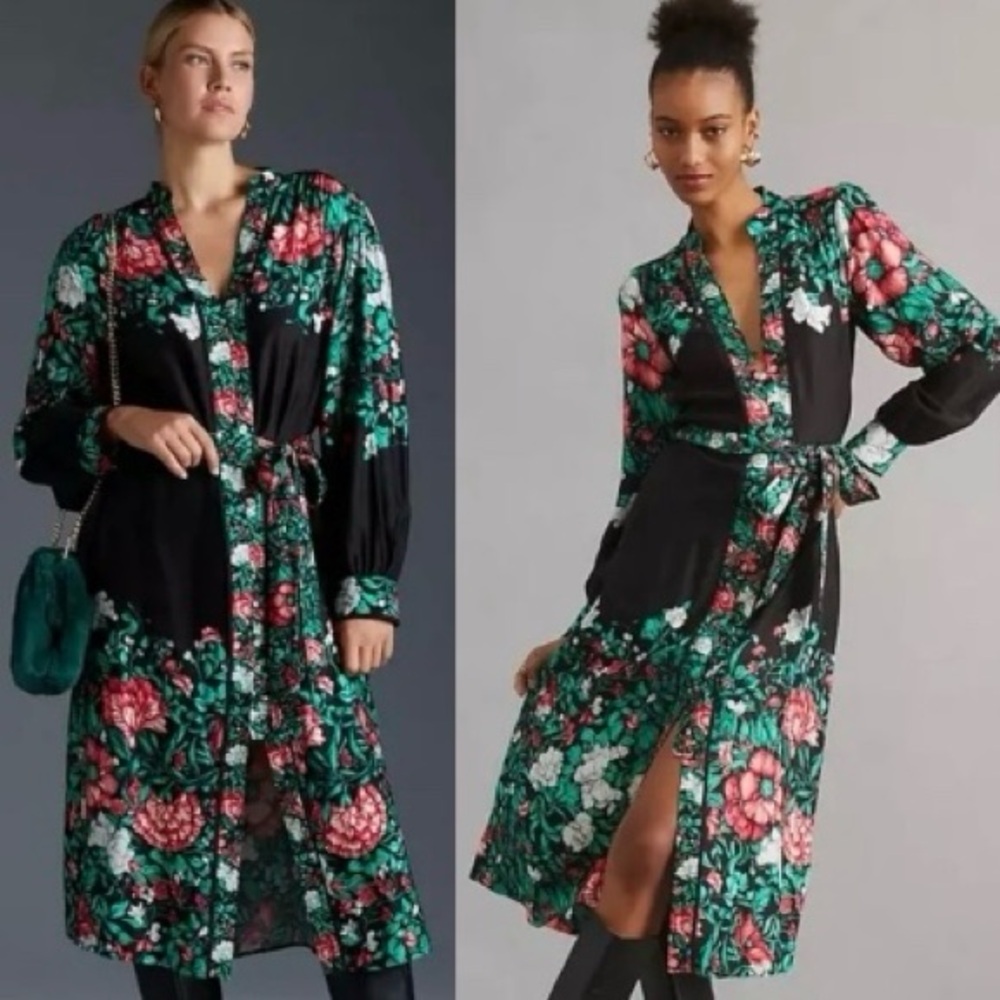 Anthropologie Long Sleeve Floral Midi Shirt Dress Button WITHOUT Belt Size XXS